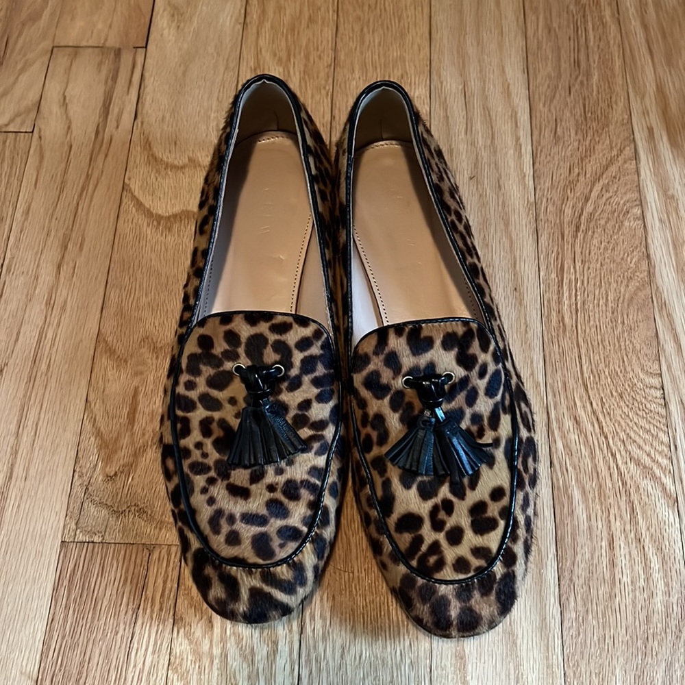 J Crew calf fur leopard print slip on loafer